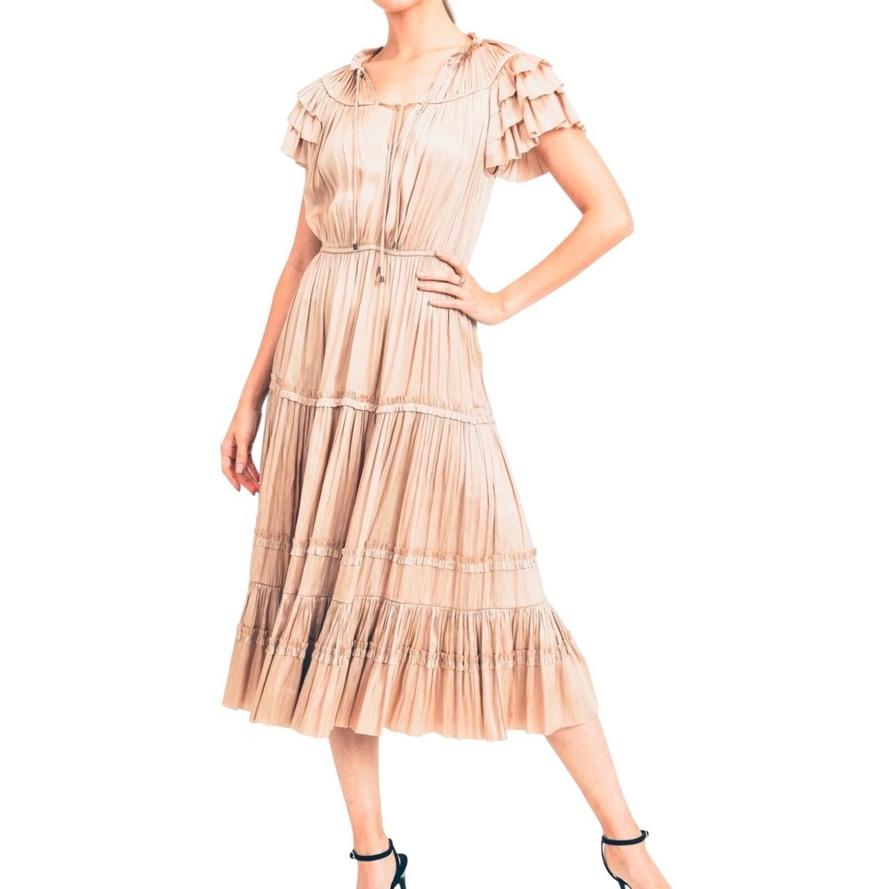 Reset by Jane Kianna Tiered Beige Pleated
Ruffle Midi Dress Womens Medium